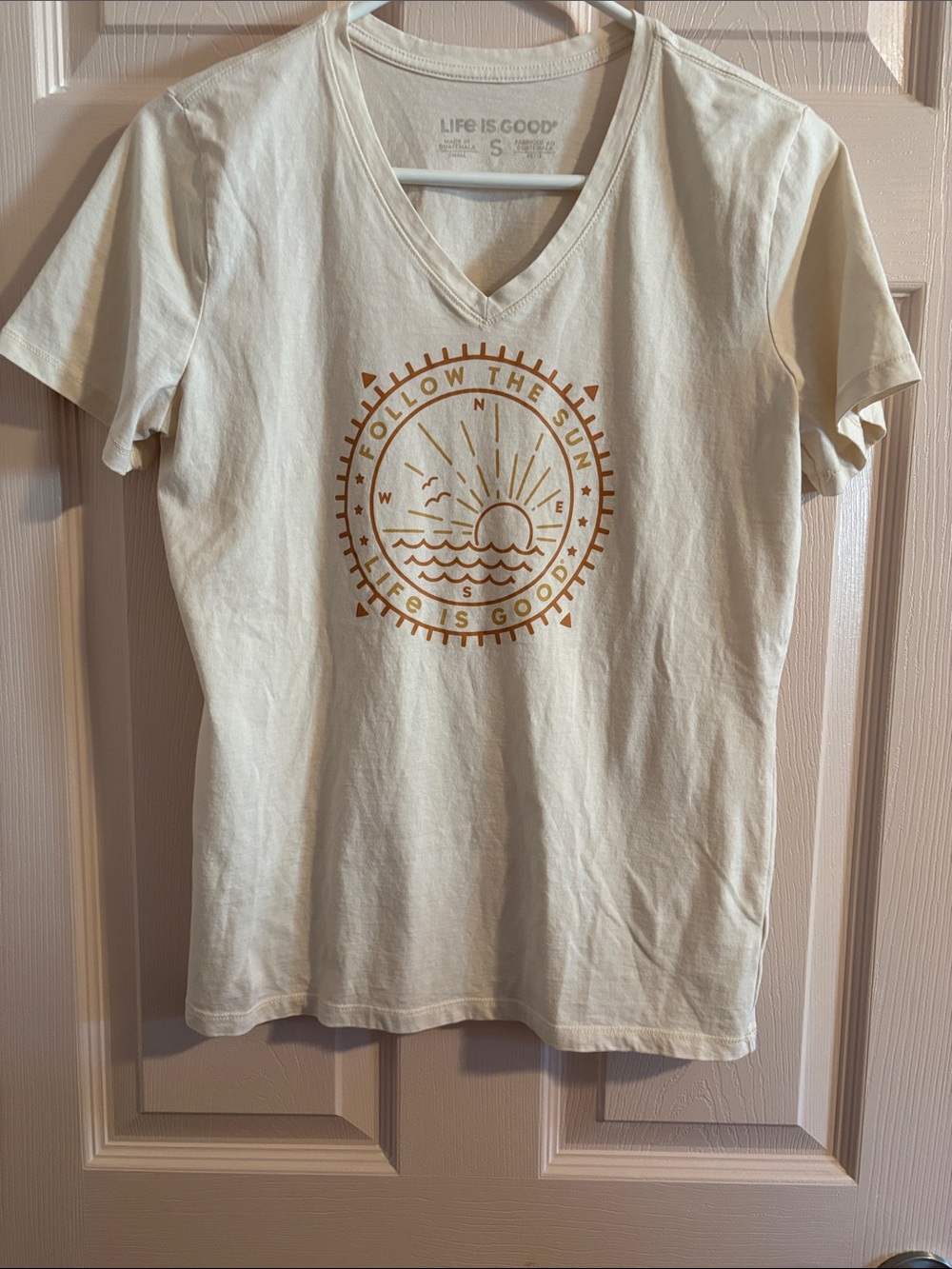 Life Is Good Cream V-Neck with Rust Sun Graphic
